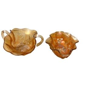 Set Of 2 Fenton Art Glass‎ Carnival Glass Two-Handle Bonbon Dish in Marigold